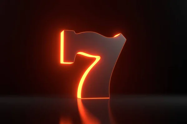 Lucky seven with neon orange lights on black background. Casino symbol. 3D render illustration