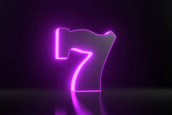Lucky Zeven Met Neon Paars Licht Zwarte Achtergrond Casino Symbool — Stockfoto