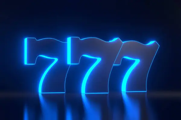 Drei Glückliche Siebener Mit Neonblauem Licht Auf Schwarzem Hintergrund Casino — Stockfoto