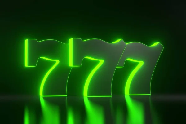 Tres Sietes Afortunados Con Luces Verde Neón Sobre Fondo Negro — Foto de Stock
