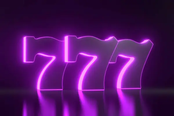 Three lucky sevens with neon purple lights on black background. Casino symbol. 3D render illustration