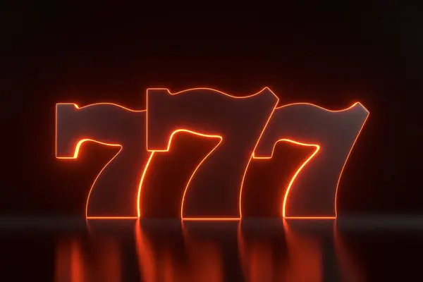 Three lucky sevens with neon orange lights on black background. Casino symbol. 3D render illustration