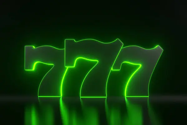Три Счастливых Семерки Неоновыми Зелеными Огнями Черном Фоне Символ Казино — стоковое фото