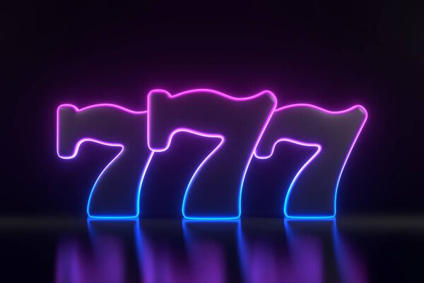 Three lucky sevens with neon blue and pink lights on black background. Casino symbol. 3D render illustration