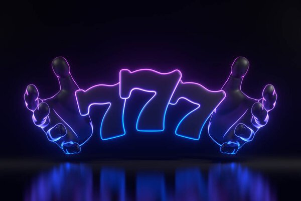 Hands reach out to three lucky sevens with neon blue and pink lights on black background. Casino symbol. 3D render illustration