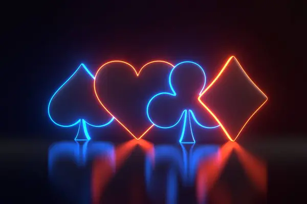 Aces cards symbols with futuristic neon blue and red lights on a black background. Club, diamond, heart and spade icon. 3D render illustration