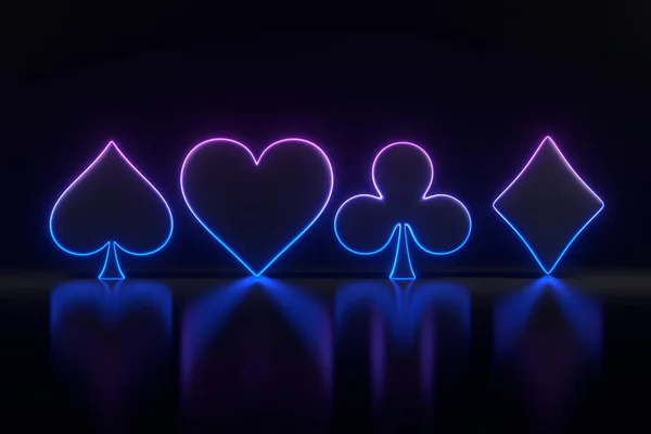Aces cards symbols with futuristic neon blue and pink lights on a black background. Club, diamond, heart and spade icon. 3D render illustration