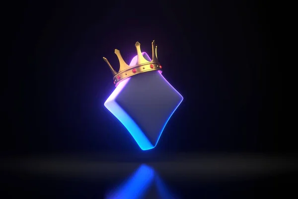 Aces cards symbols with futuristic neon blue and pink lights on a black background. Diamond icon with golden crown. 3D render illustration