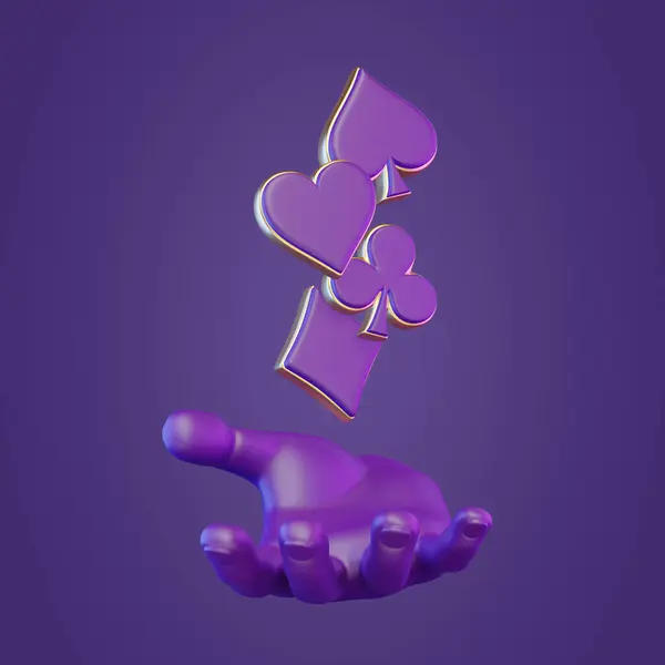 Aces cards symbols with hand on purple background. Club, diamond, heart and spade icon. 3D render illustration