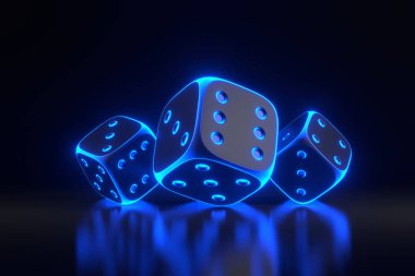 Siyah arka planda fütüristik neon ışıkları olan üç kumar zarı. Şanslı zar. Masa oyunları. Para konuşur. 3 Boyutlu resimleme