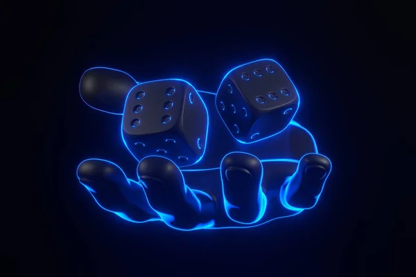 Two rolling gambling dice and hand with futuristic neon blue lights on a black background. Lucky dice. Board games. Money bets. 3D render illustration