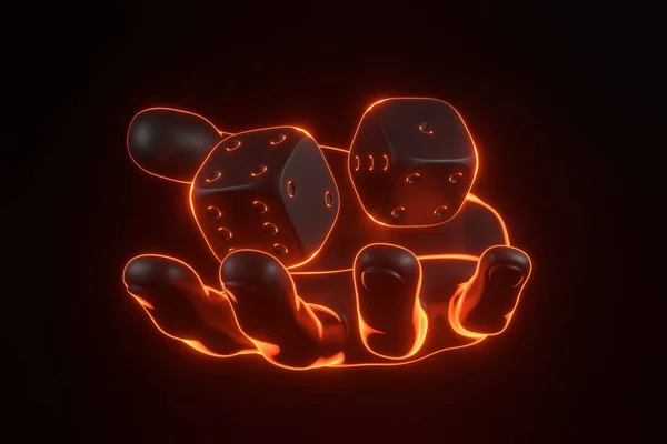 Two rolling gambling dice and hand with futuristic neon orange lights on a black background. Lucky dice. Board games. Money bets. 3D render illustration