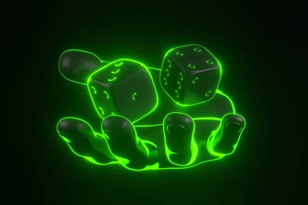 Zwei Rollende Glücksspielwürfel Und Eine Hand Mit Futuristischen Neongrünen Lichtern — Stockfoto