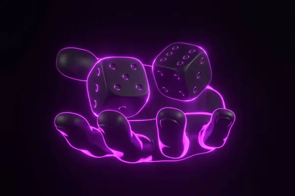 Two rolling gambling dice and hand with futuristic neon purple lights on a black background. Lucky dice. Board games. Money bets. 3D render illustration