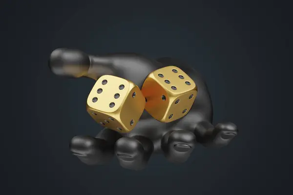 Two golden rolling gambling dice with black hand on a black background. Lucky dice. Board games. Money bets. 3D render illustration