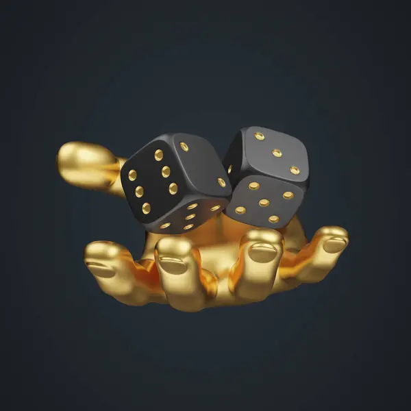 Two black rolling gambling dice with golden hand on a black background. Lucky dice. Board games. Money bets. 3D render illustration