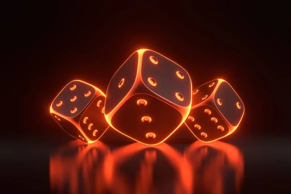 Three Rolling Gambling Dice Futuristic Neon Orange Lights Black Background — Stock Photo, Image