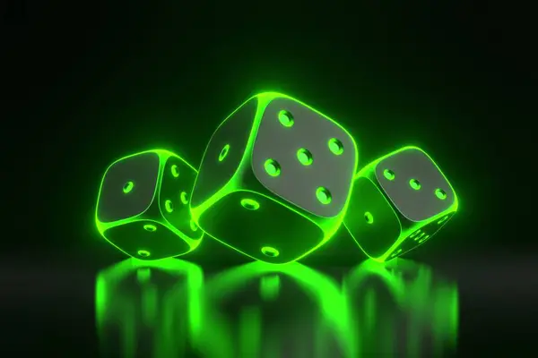 Drie Gokken Dobbelstenen Met Futuristische Neon Groene Lichten Een Zwarte — Stockfoto