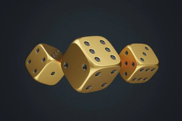 Three golden rolling gambling dice on a black background. Lucky dice. Board games. Money bets. 3D render illustration