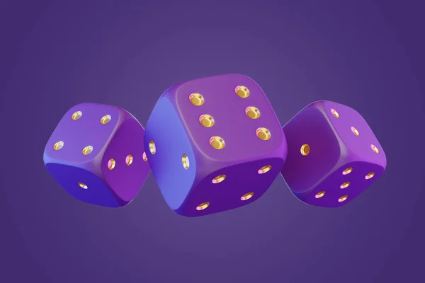 紫色の背景に3つの紫色のローリングギャンブルダイス ラッキーサイコロ ボードゲーム マネーベット 3Dレンダリングイラスト — ストック写真
