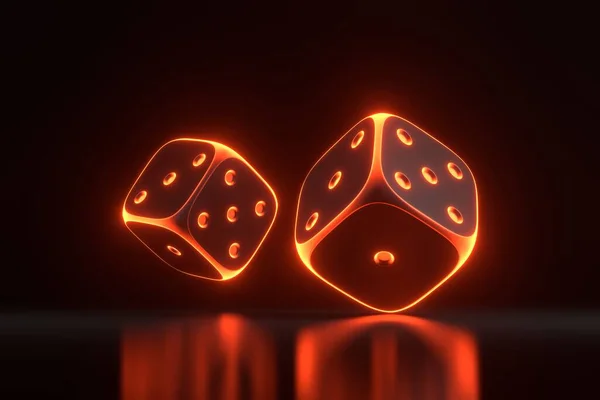 Two rolling gambling dice with futuristic neon orange lights on a black background. Lucky dice. Board games. Money bets. 3D render illustration