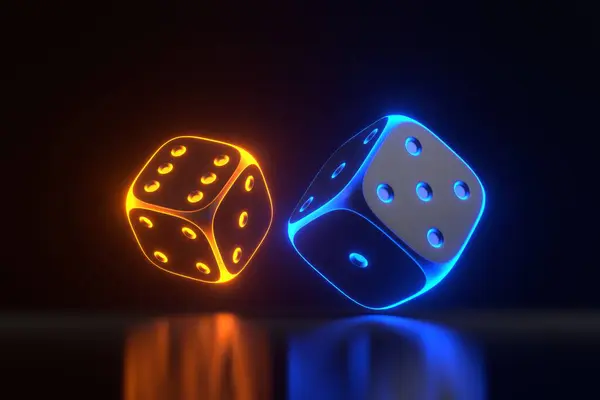 Two rolling gambling dice with futuristic neon yellow and blue lights on a black background. Lucky dice. Board games. Money bets. 3D render illustration