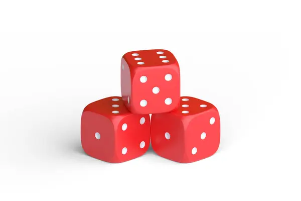 Three red rolling gambling dice isolated on a white background. Lucky dice. Board games. Money bets. 3D render illustration