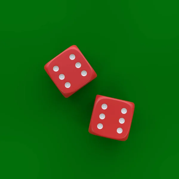 Two red rolling gambling dice on a green background. Lucky dice. Board games. Money bets. Top view. 3D render illustration