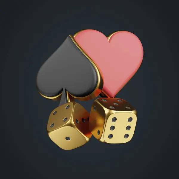 Two golden rolling gambling dice with aces cards symbols on a black background. Heart and spade icon. Lucky dice. Board games. Money bets. 3D render illustration