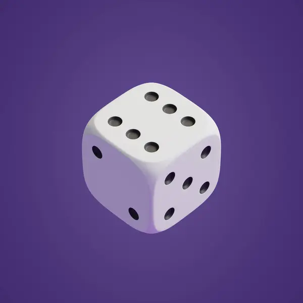 White rolling gambling dice on a purple background. Lucky dice. Board games. Money bets. 3D render illustration