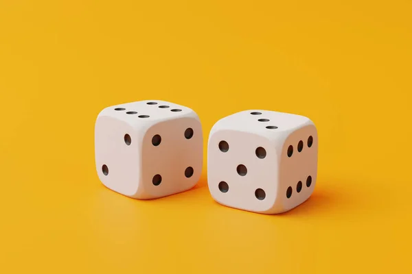 Two white rolling gambling dice on a yellow background. Lucky dice. Board games. Money bets. 3D render illustration
