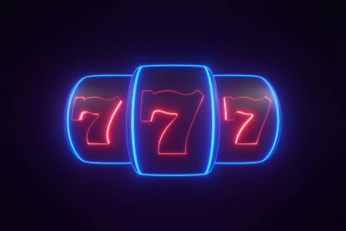 Siyah arka planda parlak kırmızı ve mavi neon ışıkları olan kumar makinesi. Şanslı yedi sembolü. Kumarhane kavramı. 3 Boyutlu resimleme