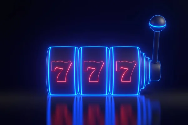 Slot machine with futuristic glowing red and blue neon lights on a black background. Lucky seven symbol. Casino concept. 3D render illustration