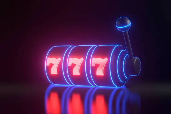 黒い背景に未来的に輝く赤と青のネオンライトを備えたスロットマシン ラッキー7シンボル カジノのコンセプト 3Dレンダリングイラスト — ストック写真