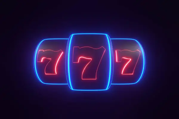 Slot machine with futuristic glowing red and blue neon lights on a black background. Lucky seven symbol. Casino concept. 3D render illustration