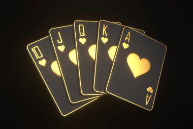 Siyah arka planda kağıt oynamak. Kumarhane kartları, blackjack, poker. 3 Boyutlu resimleme