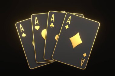 Siyah arka planda kağıt oynamak. Kumarhane kartları, blackjack, poker. 3 Boyutlu resimleme