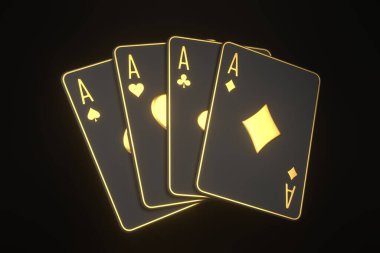 Siyah arka planda kağıt oynamak. Kumarhane kartları, blackjack, poker. 3 Boyutlu resimleme