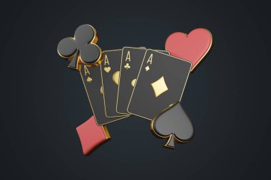 Siyah bir arkaplanda as ve kart sembolleri ile kağıt oynamak. Maça, kalp, sopa ve elmas ikonu. Kumarhane kartları, blackjack, poker. 3 Boyutlu resimleme
