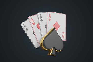 Siyah bir arkaplanda as ve kart sembolleri ile kağıt oynamak. Maça simgesi. Kumarhane kartları, blackjack, poker. 3 Boyutlu resimleme
