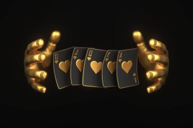 Siyah arka planda altın elli kağıt oynamak. Kumarhane kartları, blackjack, poker. 3 Boyutlu resimleme