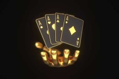 Siyah arka planda altın elli kağıt oynamak. Kumarhane kartları, blackjack, poker. 3 Boyutlu resimleme