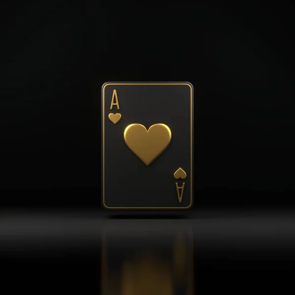 黒い背景でカードをプレイする ハートのエース カジノカード ブラックジャック ポーカー フロントビュー 3Dレンダリングイラスト — ストック写真