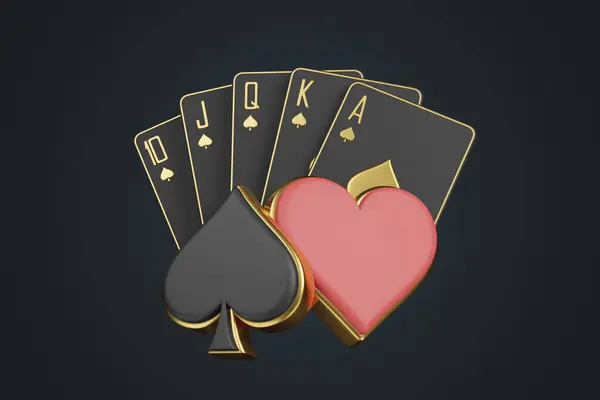 Playing cards with aces cards symbols on a black background. Spade and heart icon. Casino cards, blackjack, poker. 3D render illustration