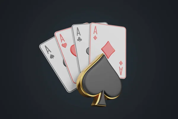 Playing cards with aces cards symbols on a black background. Spade icon. Casino cards, blackjack, poker. 3D render illustration