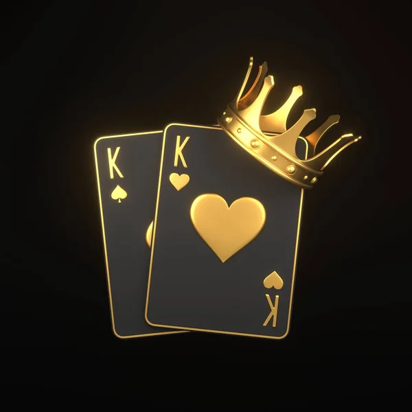 Playing cards with golden crown on a black background. Casino cards, blackjack, poker. 3D render illustration