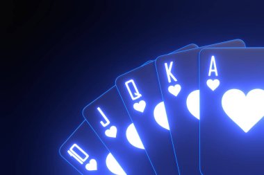 Siyah arka planda fütüristik neon ışıklarla kağıt oynamak. Kumarhane kartları, blackjack, poker. 3 Boyutlu resimleme