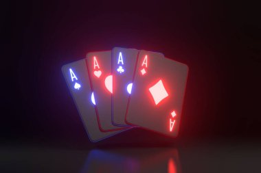 Siyah arka planda fütürist neon ve mavi ışıklar olan kâğıtlar oynuyorlar. Kumarhane kartları, blackjack, poker. 3 Boyutlu resimleme