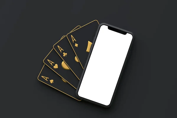 黒い背景に携帯電話でカードを再生する カジノカード ブラックジャック ポーカー トップビュー 3Dレンダリングイラスト — ストック写真