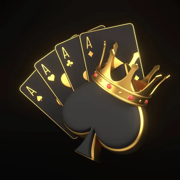 Spielkarten Mit Assenkarten Symbolen Und Goldener Krone Auf Schwarzem Hintergrund — Stockfoto